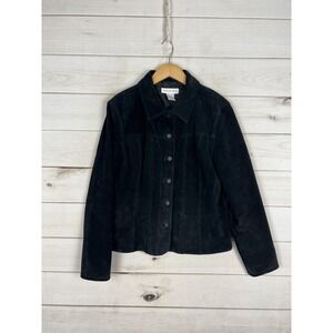 Newport News Jacket Womens 14 Black Suede Leather Button Front Lined Coat